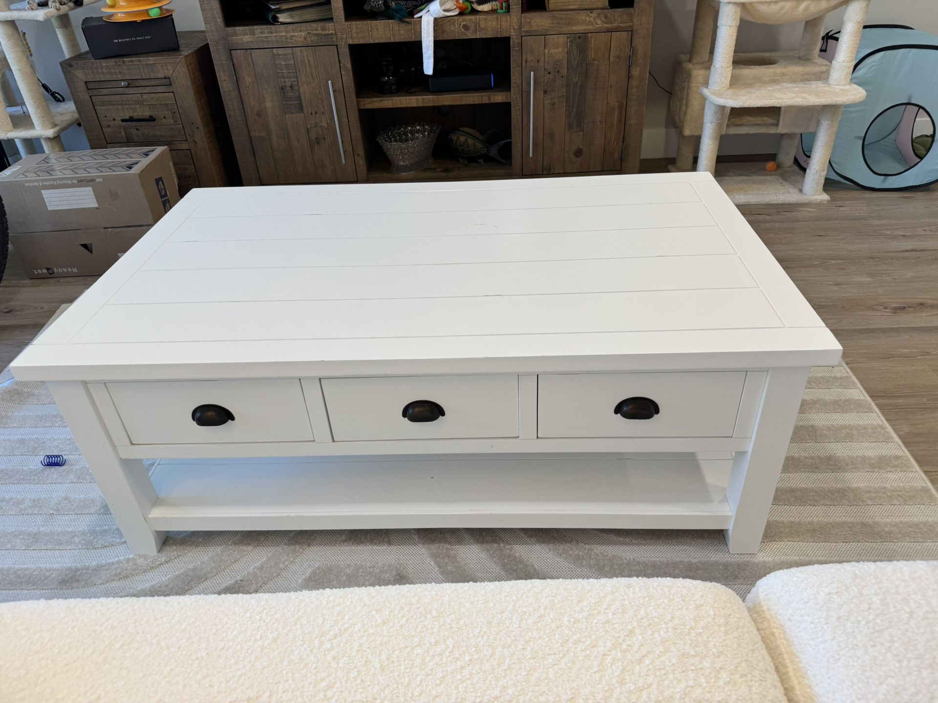White Farmhouse Coffee Table With Storage Drawers