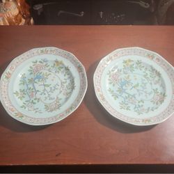 10 1/4" - 2  Vintage Adams Calyx Ware Dinner Plates In The " Singapore Bird " Pattern 
