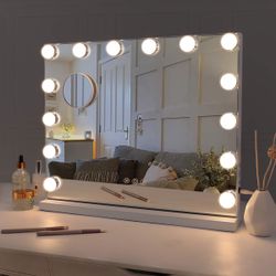 NEW! Hollywood Vanity Mirror With Lights Lighted Makeup Mirror With 14 Dimmable LED Bulbs,Adjustable Brightness,Touch Screen, USB Port,Tabletop White