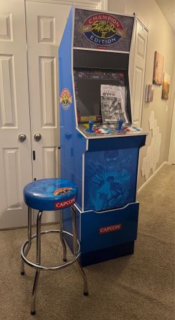 customer Arcade 1up Big Blue Street Fighter 2 Arcade cabinet with 12 Iconic Capcom arcade games & Stool with extra 5” custom riser