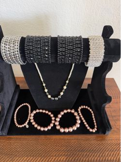 Fashion Jewelry Lot - Crystal Cuff Bracelets, Stretch Pearl Bracelets & Faux Pearl Necklace