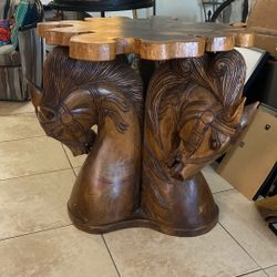 A Hand Carved Solid Wood Horse Pedestal Table