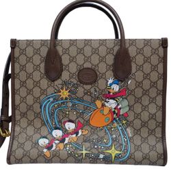 Gucci Disney Donald Duck Tote Bag Printed GG Coated Canvas Medium Brown Shoulder Handbag - NO Versace Louis Vuitton Prada MCM Supreme Nike Women’s 