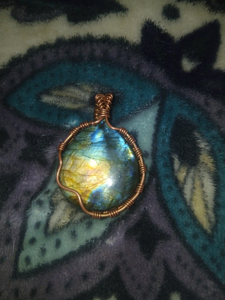 Labradorite Wire Wrap Pendant Handmade (Comes On A Hemp Necklace With Clasp)