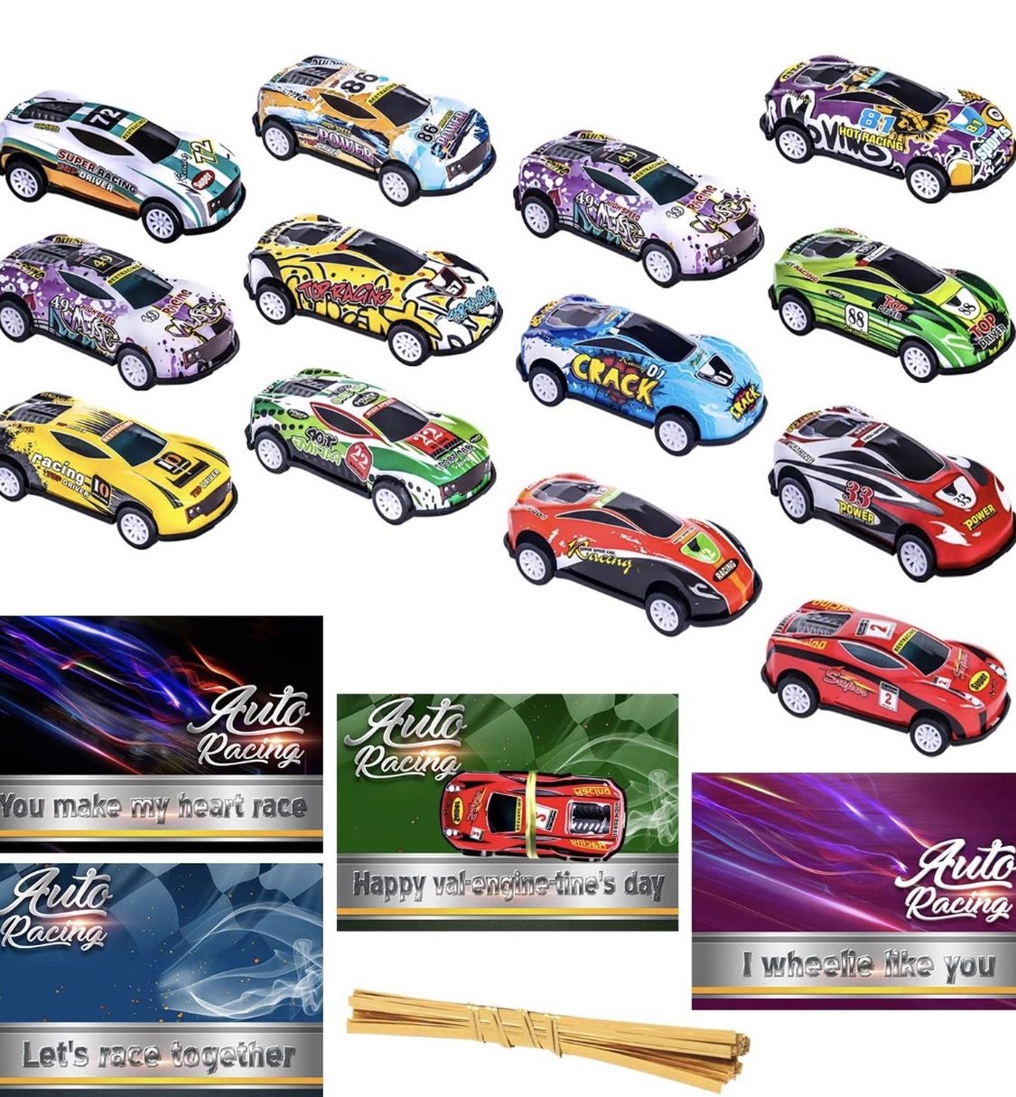 26pcs Valentines Day Gifts Cards for Kids Classroom School with Die-Cast Pull Back Mini Cars Toys Set Preschool Class Valentine Greeting Exchange Card