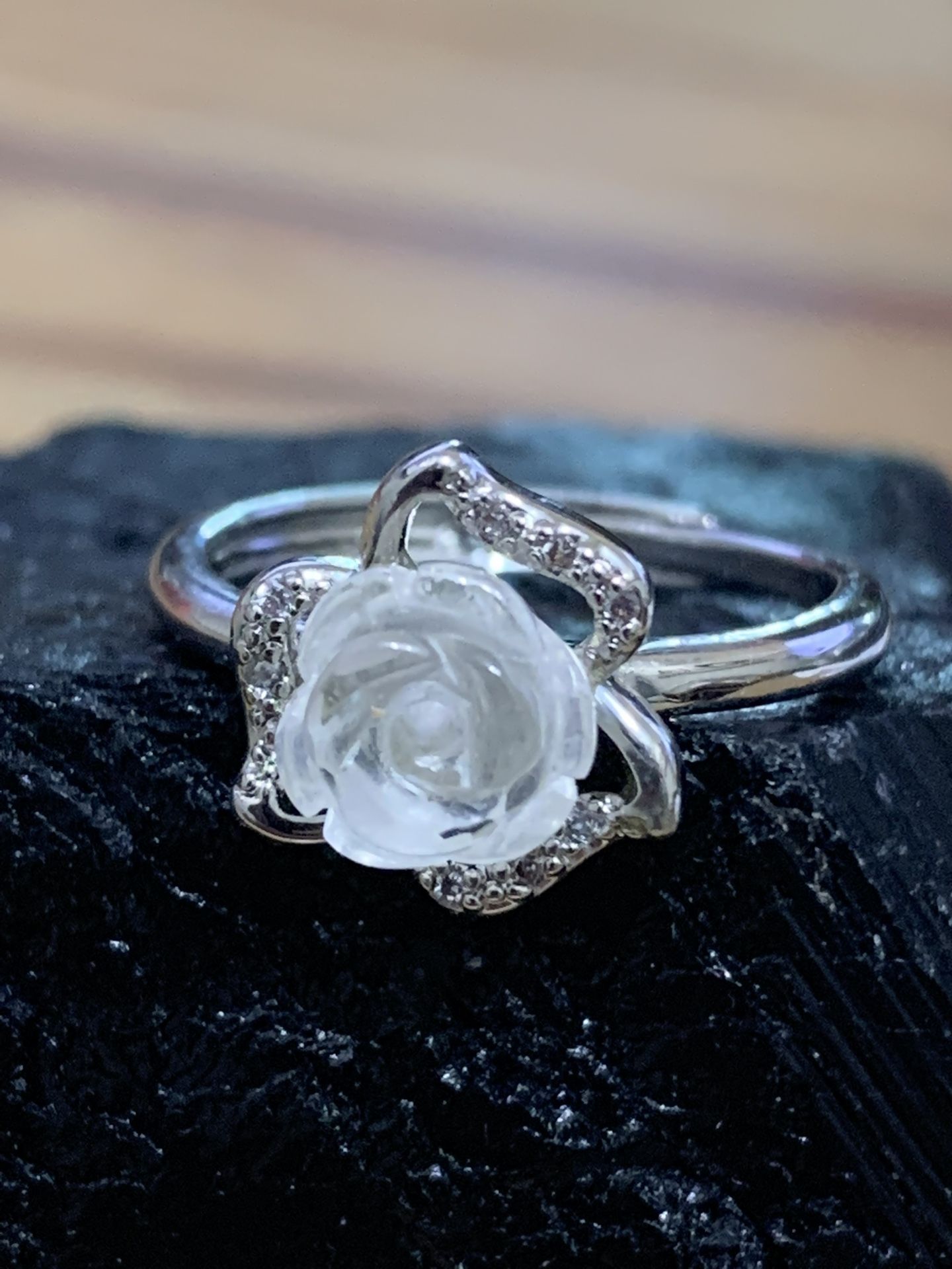 Clear Quartz Rose Ring Adjustable Band