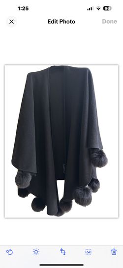 FRENCH SHAWL PONCHO BLACK WOOL & CASHMERE WITH ADORABLE POM-POMS  From Vacation In Paris