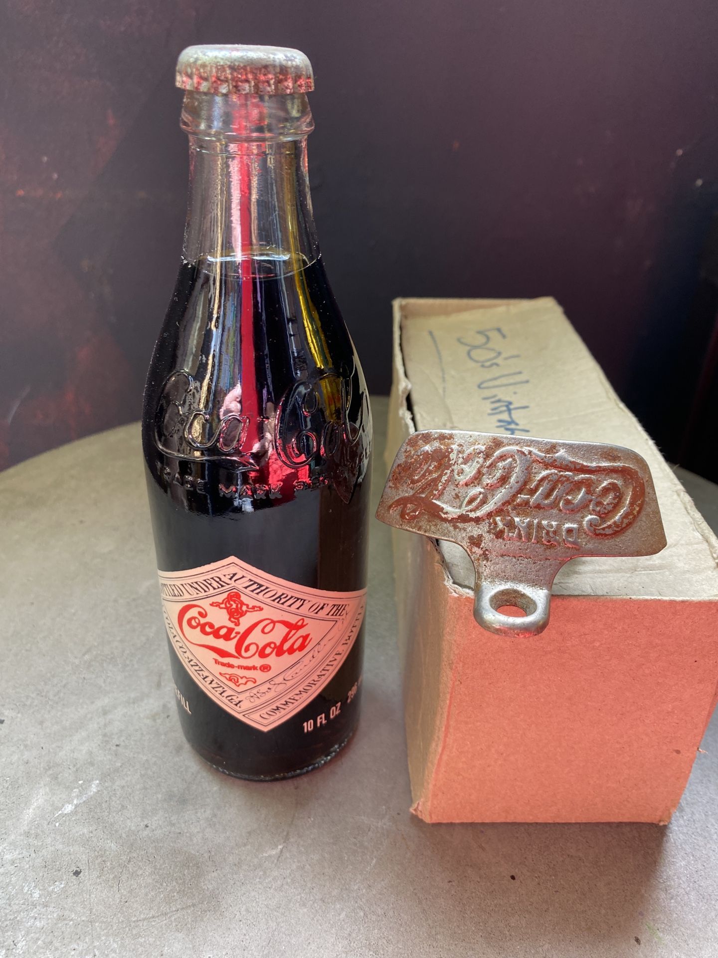 Original Antique Coke Cola Bottle Opener and unopened Coke Cola Bottle