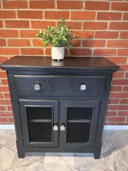 Industrial Farmhouse Accent Storage Cabinet | Solid Wood | Metal Mesh Doors