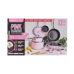 PINK DIAMOND 12-Piece Toxin-Free Ceramic and Dishwasher Safe Pots & Pans Cookware Set (Color: Pink)