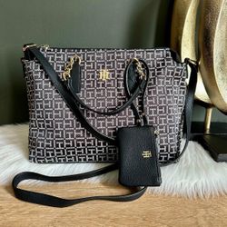 Tommy Hilfiger Maxine II Convertible Satchel w/Hangoff Square Monogram Jacquard