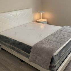 Queen Size Platform Bed Frame With Mattress And Box Springs Set 3PCS Bedroom Furniture Set // Cama Queen Nueva 