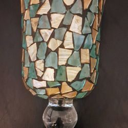 Aqua Blue Green Gold MOSAIC Hurricane VASE Home Interior Candle Holder