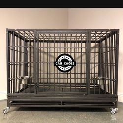 Dog Cage Kennel Size 48” Xl Thick Bar With Grid Tray And Feeding Bowls 
