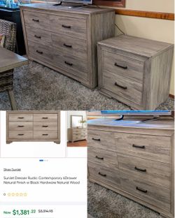 ✨ Two-Piece Dresser Set — $249 for BOTH! ✨ Get the matching six-drawer dresser and two-drawer nightstand together for one great price. The rustic woo