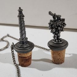 Vintage Solid Pewter Lighthouse And Grape Vine Wine Bottle Cork Stopper Neck Chain & Ring