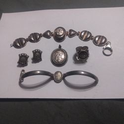 Five Piece Vintage Cameo Set Two Bracelets Earring Cameo Pendant And Adjustable Ring Use