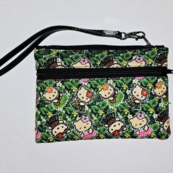 HELLO KITTY HAWAIIN TROPICAL FLOWERS GREEN CLUTCH BAG WALLET WITH DETACHABLE WRIST STRAP 