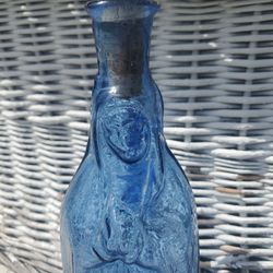 Vintage Virgin Of Guadalupe Blown Glass Mary Holy Water Blue Bottle Madonna Angel