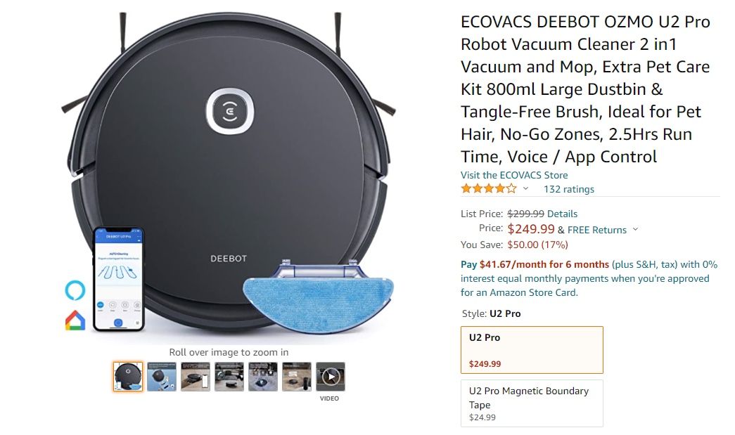 ECOVACS DEEBOT OZMO U2 Pro Robot Vacuum Cleaner 2 in1 Vacuum and Mop, Extra Pet Care Kit 800ml Large Dustbin & Tangle-Free Brush, Ideal for Pet Hair, 