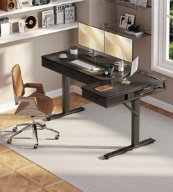 55 Inch L Shaped Electric Standing Desk with Drawers, Height Adjustable Large Desk with Power Outlets, Sit Stand Table, Writing Computer Desk for Hom