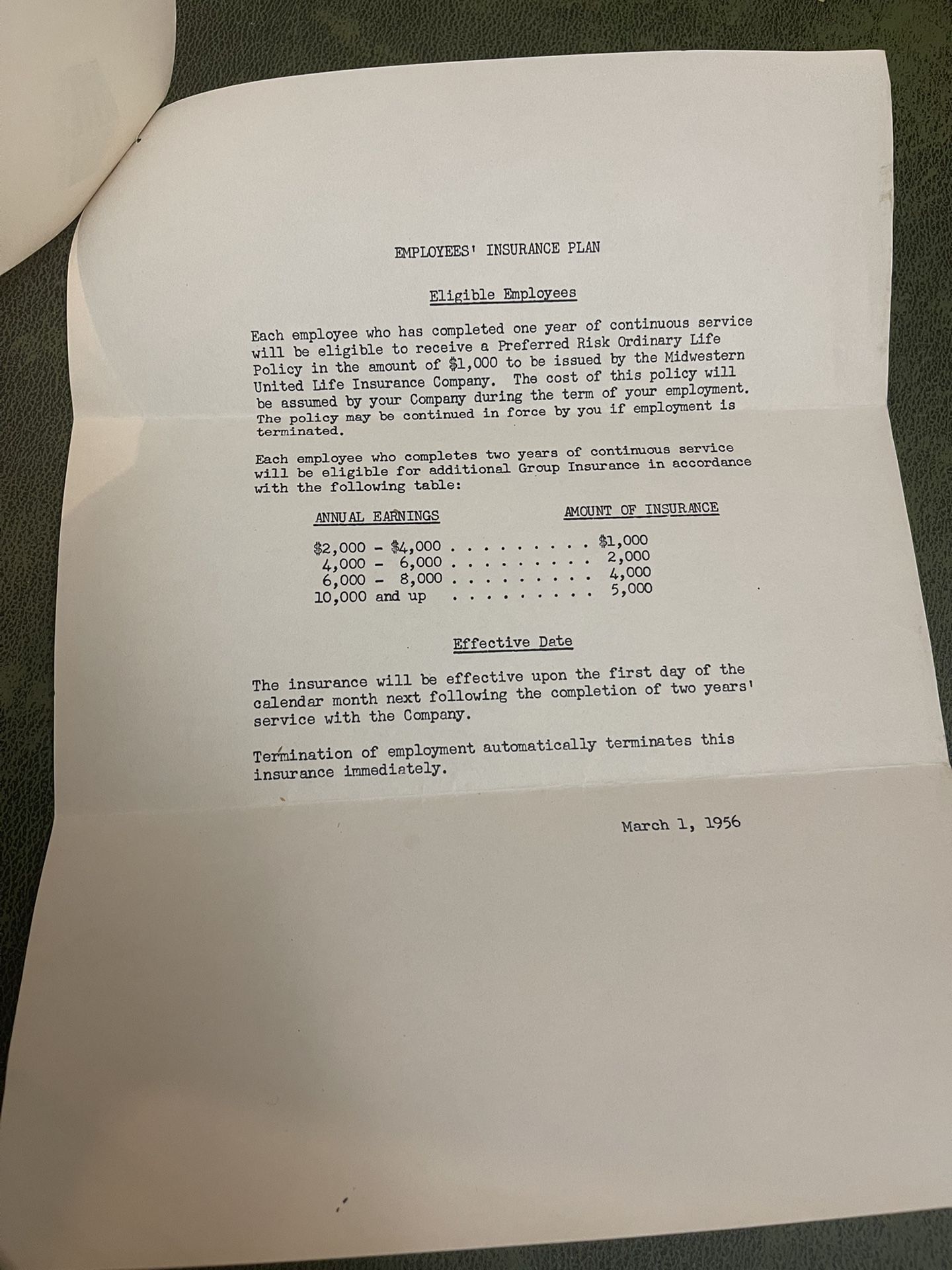 1956 Midwestern United Life Insurance Company Employee Insurance Plan