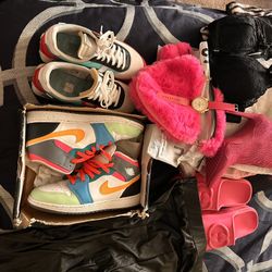 SHEIN and Shoes 8 In Heels /size L Laced Diamond Bra ..1XL Leather Pants ..size 8 Pink Gucci Heart Print Pink Platform Foam Slide 