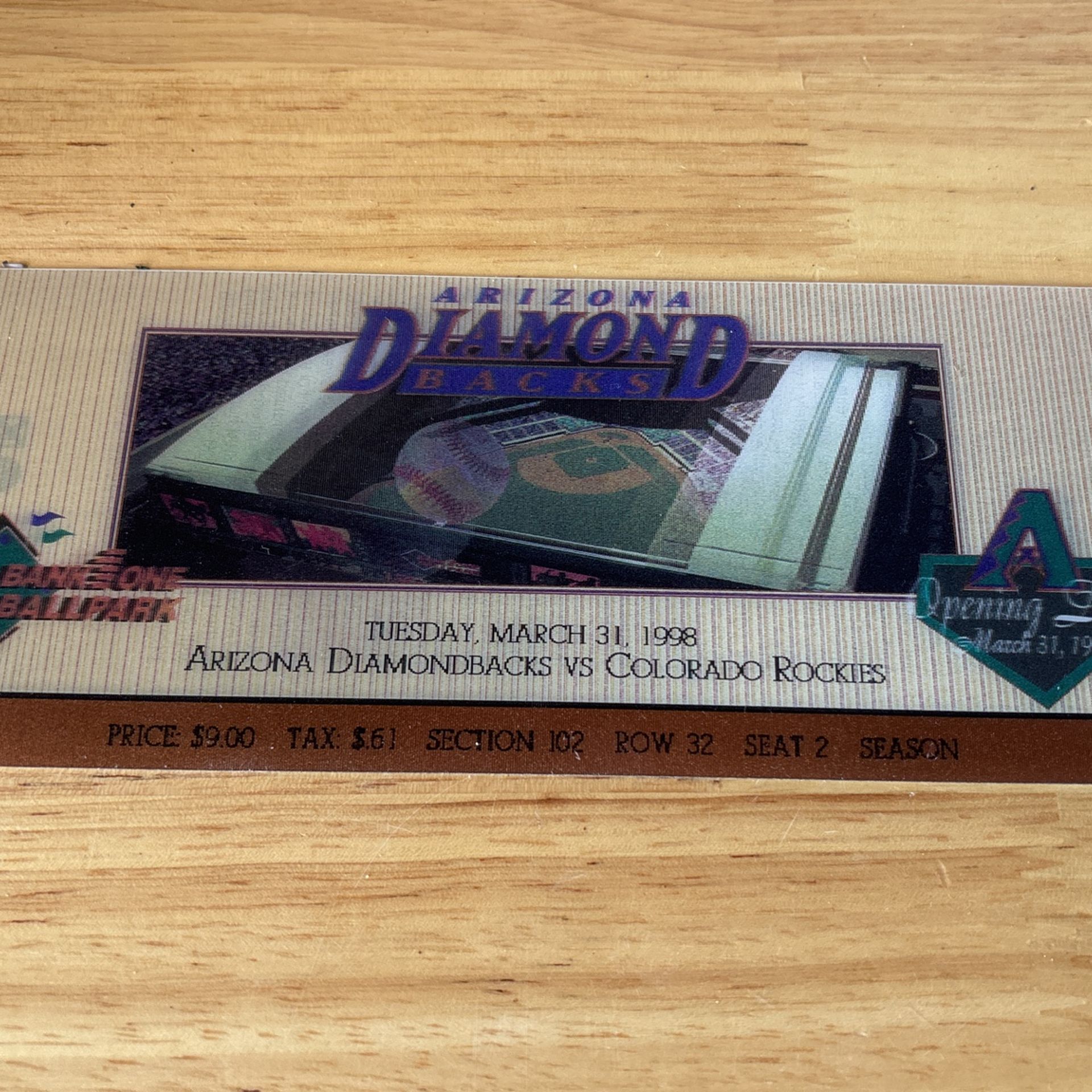 Arizona Diamondbacks First Game Ticket