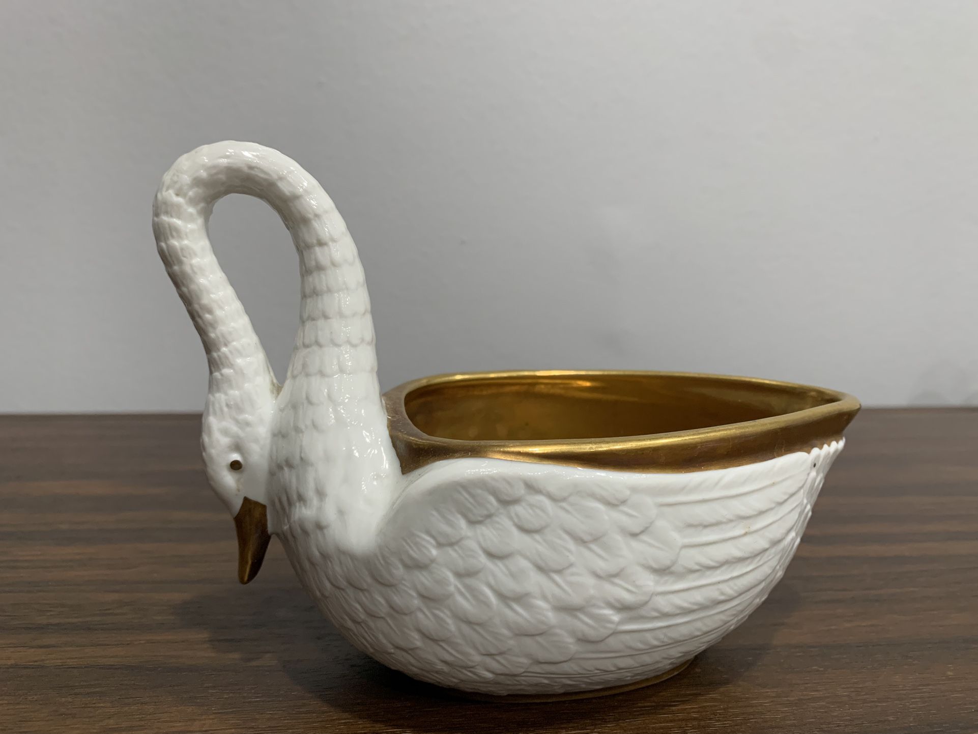 Antique 30's Vista Alegre Portugal White And Gold Swan Porcelain Sauce Boat