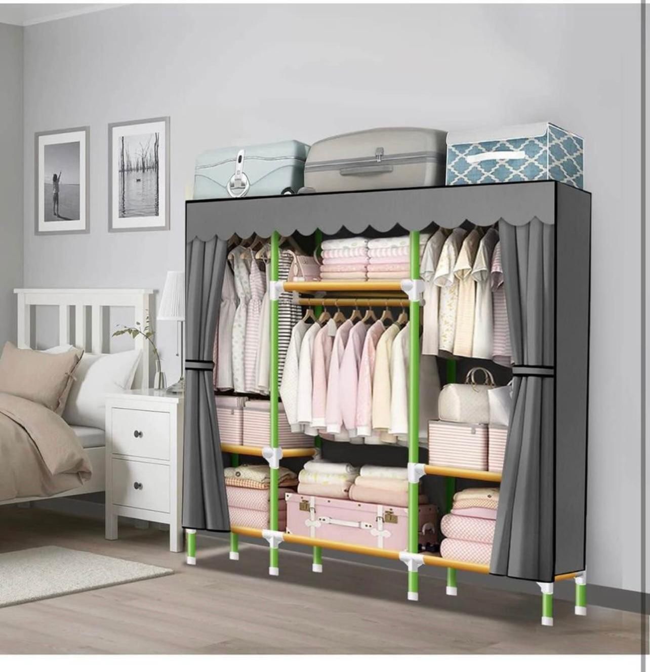 Portable Closet 57 Inch Wardrobe Closet Clothes Organizer with 3 Storage Shelves and 3 Hanging Rods, Cloth Closet of Colored Rods Grey Cover Quick and