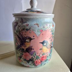 Large hand painted and decoupaged storage jar