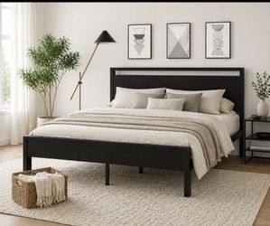 King bed Metal Platform Bed Frame with Wooden Headboard and Footboard, Mattress Foundation, No Box Spring Needed, Large Under Bed Storage,Black Oak