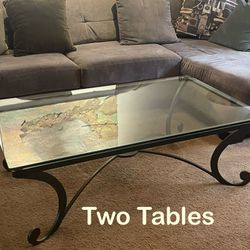 Wrought Iron & Glass Coffee Table, + End Table