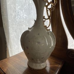 Capodimonte Style Vintage Porcelain Large Pitcher Vase w/Gold Handle & Trim