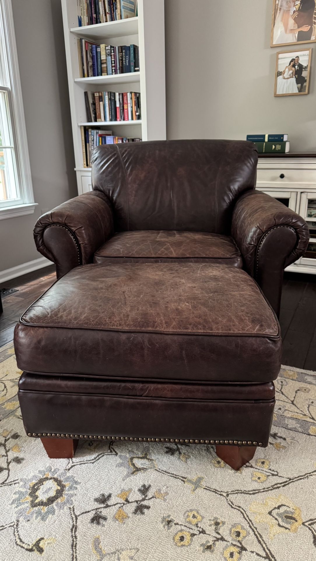 Large Roll Arm Leather Chair With Ottoman