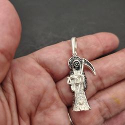 Sterling Silver SANTA MUERTE GRIN REAPER Pendant/Dijé
