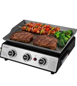 New Portable 3-Burner Tabletop Gas Griddle, 25,500 BTU Cooking Power, 304 Sq. In. Cooking Surface, Ideal for Camping & Tailgating, Black & Silver