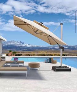 10 ft. x 13 ft. Solar Powered LED Patio Outdoor Cantilever Umbrella Heavy Duty Sun Umbrella in Beige