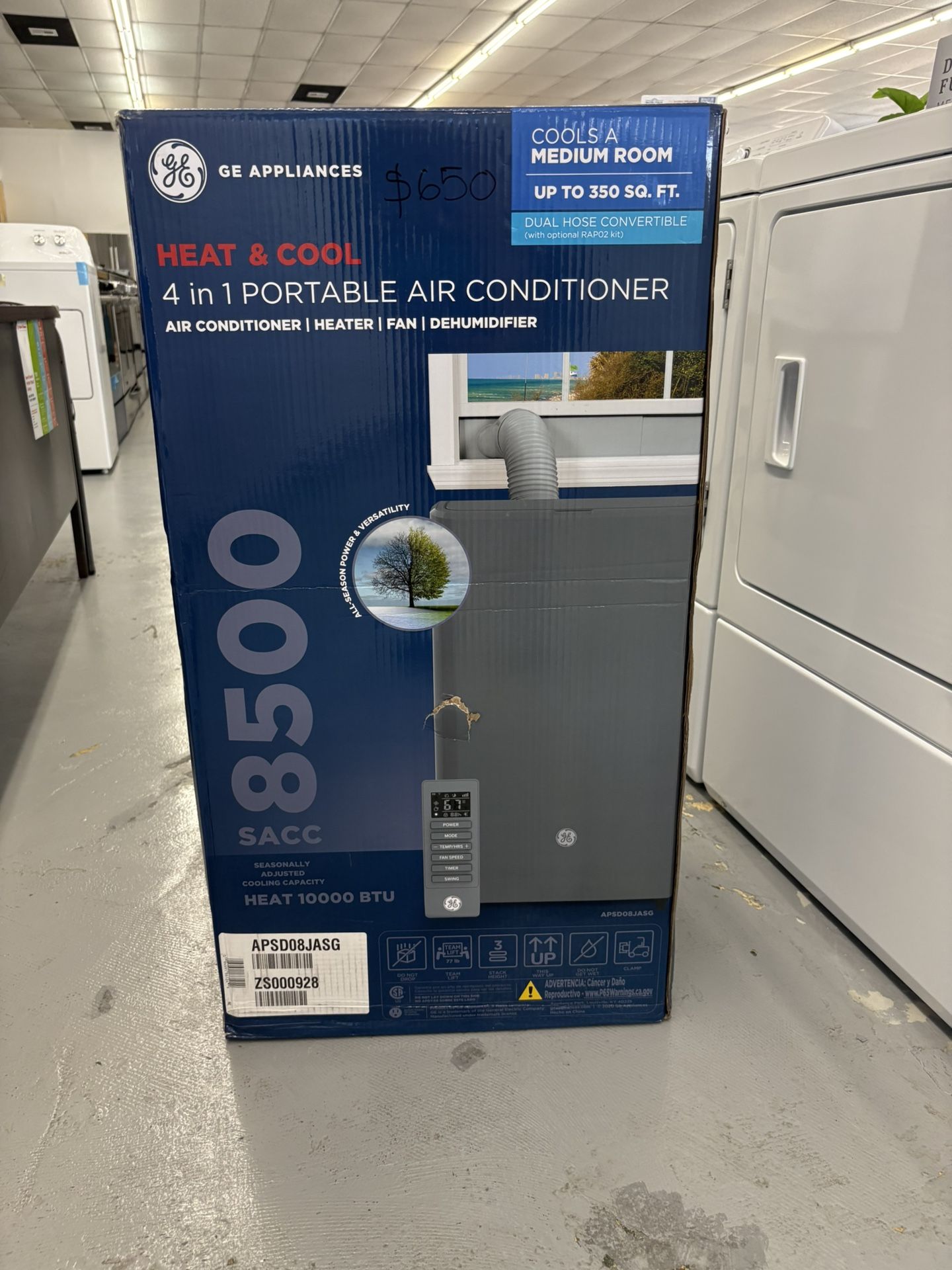 GE 8,500 BTU 4-in-1 Portable Air Conditioner  Built-in air conditioning, heating, three fan speeds, and dehumidifying capabilities provide flexible an