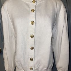 Nordstrom Town Square Vintage 90s 100%Cotton Gold Buttons White Cardigan Sweater.