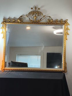 Large Vintage Ornate Gold Beveled Wall Mirror Floral Scrollwork 38”
