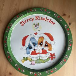 Vintage Christmas Tin Serving Tray Merry Kissletoe Puppies Holiday Decor Giordano