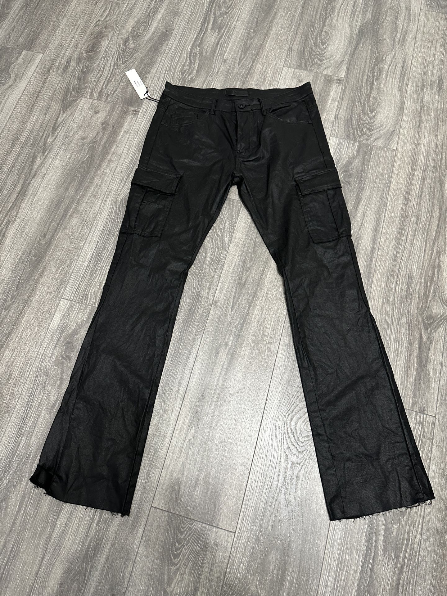 KDNK Stacked Denim Flare Jeans. Waxed/ Leather
