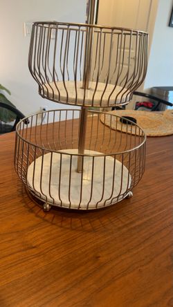 Crate and Barrel 2-Tier Gold Wire Fruit Basket with Marble Base