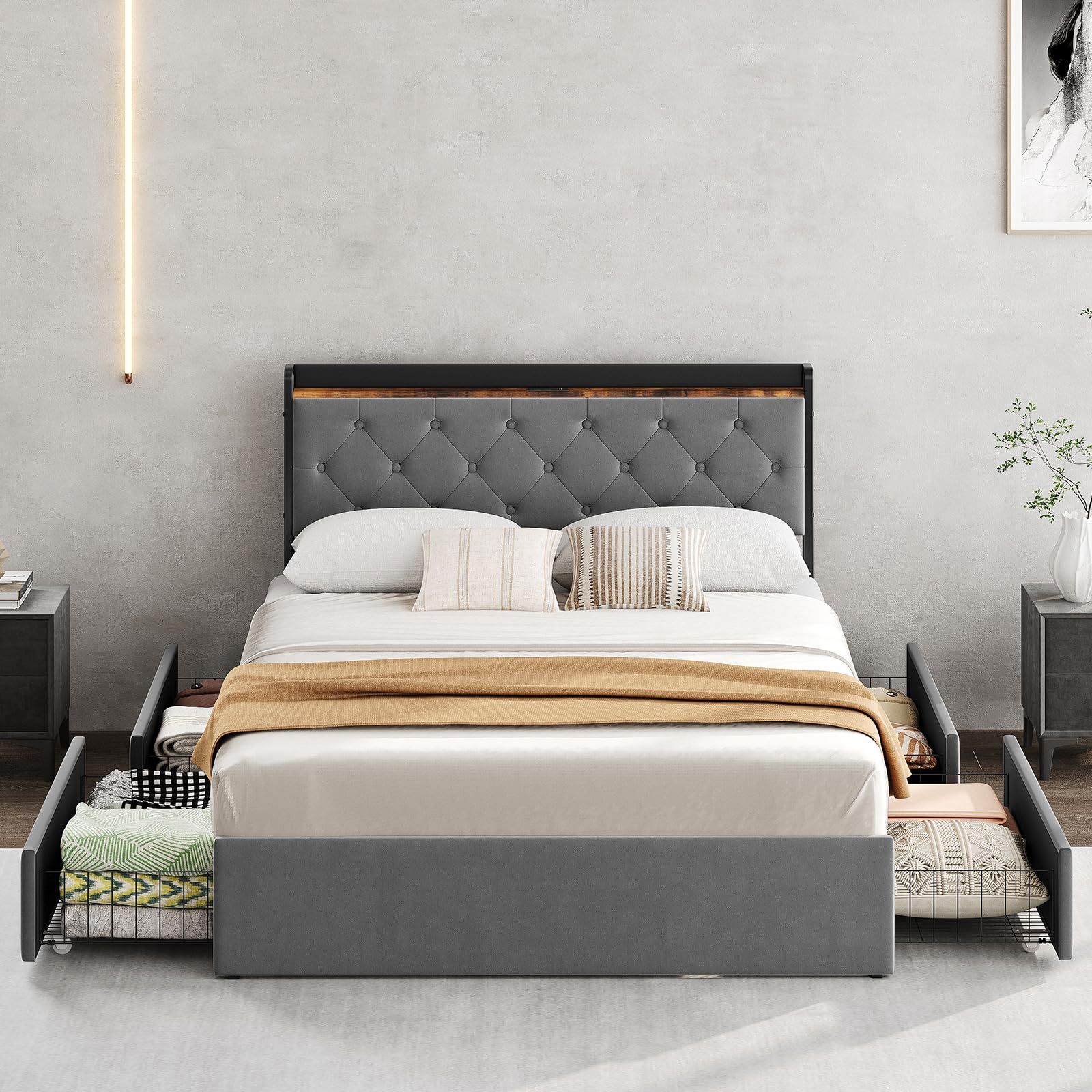 Queen Bed Frame With Charging Station And Drawers