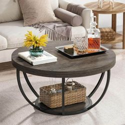 Round Coffee Table, 31.7" Wooden 2-Tier Circle Coffee Table with Storage Shelves, Modern Accent Cocktail Table Center Table for Living Room, Grey