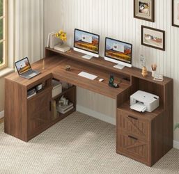 62.2" Brown Farmhouse L Shaped Desk with Drawers with Storage Shelves and Power Outlet, L Shaped Computer Desk with Monitor Stand and Printer Shelf, B