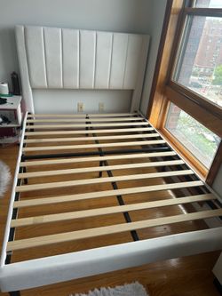 Modern White Upholstered Twin Bed Frame with Headboard