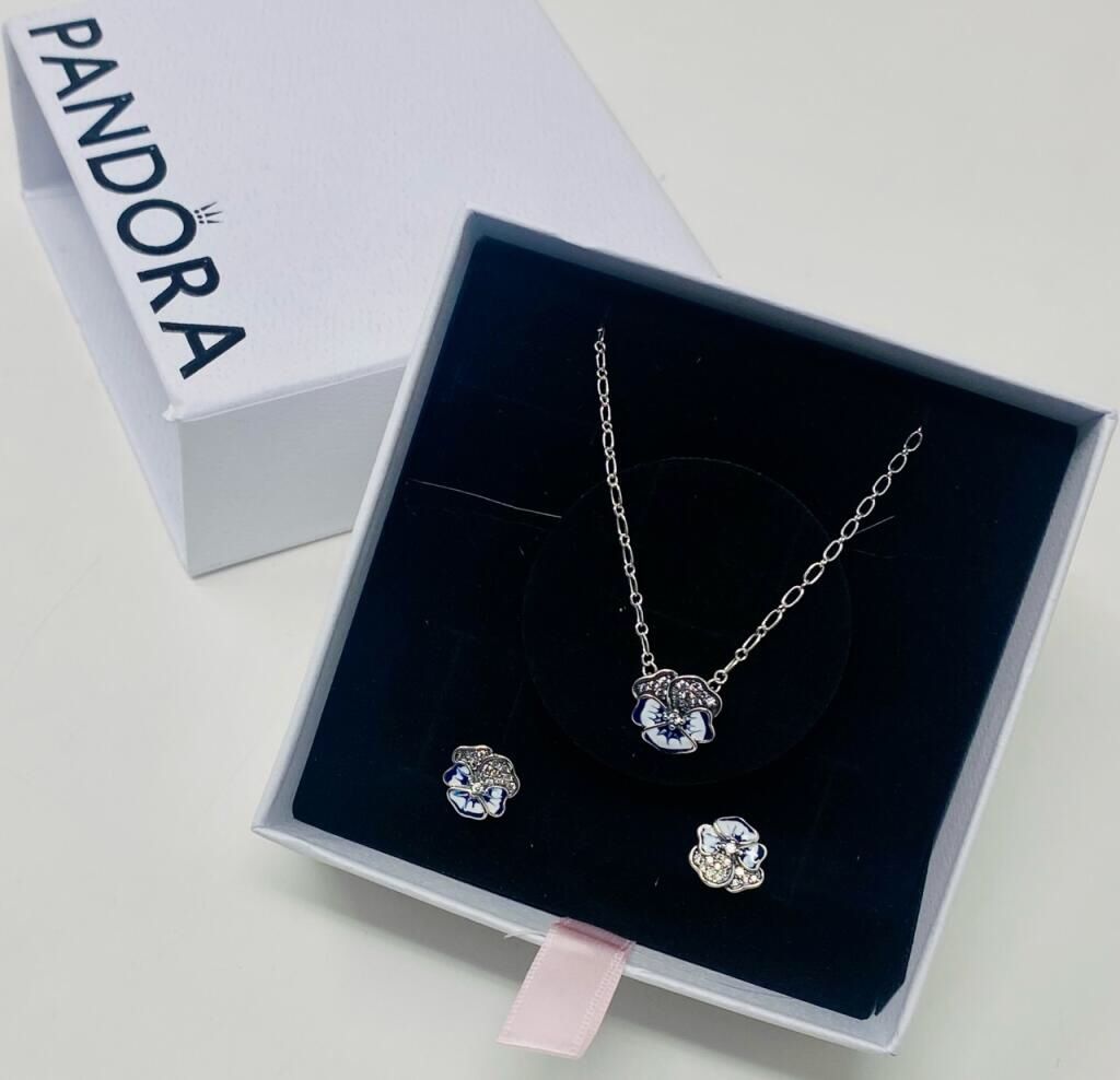 Pandora Blue Pansy Flower Necklace/earrings Silver