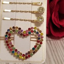 Multicolor Rhinstone Heart Hair Clips 3 pcs Set